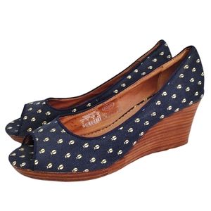 Fossil Ladybug Print Denim Open Toe Stacked Wedge Heels Women's Size 8